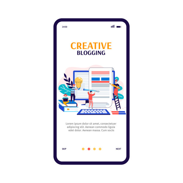 创意博客移动应用与人卡通矢量插图。图片下载