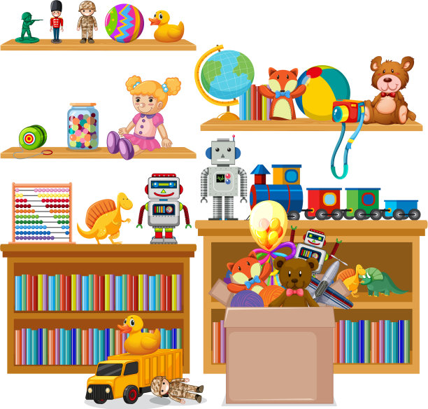书架上满书和玩具的白色背景图片下载
