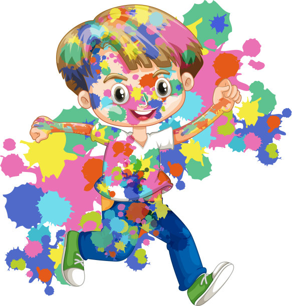 快乐的男孩，身上溅满了水彩画图片下载