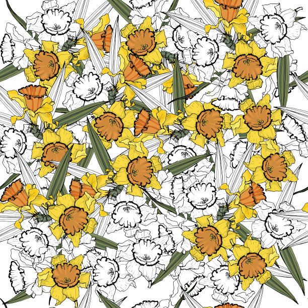 背景来自水仙花和鸢尾花。无缝模式。图片下载