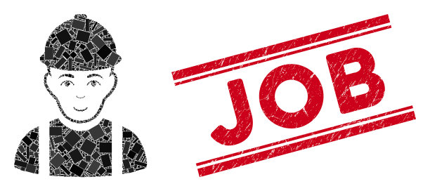 工人马赛克和遇险工作印章与线图片下载