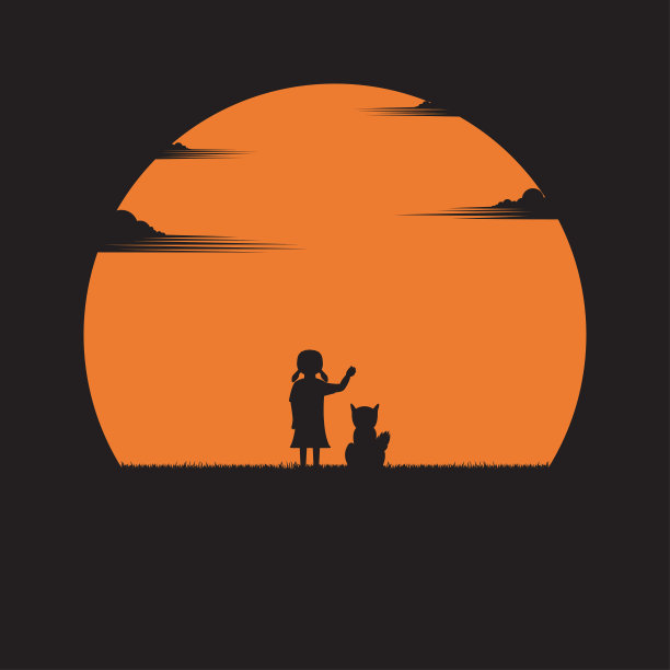 夕阳背景下的女孩和狗素材图片