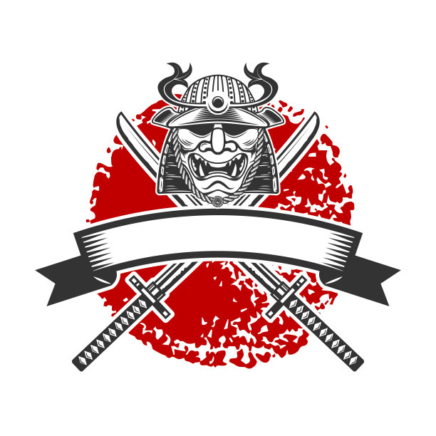 带有武士头盔和十字武士刀的徽章。设计元素的标签，标志，海报，t恤。矢量图图片下载