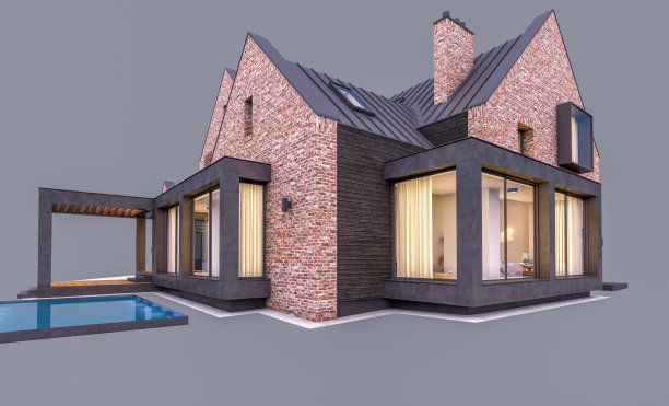 池塘上现代熟料房的3d渲染，傍晚与水池隔离在灰色图片下载