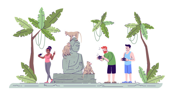 游客拍照，涂鸦插图。人们拍摄灵长类动物和佛像。圣猴森林。印度尼西亚旅游2D卡通人物与商业用途的大纲图片下载