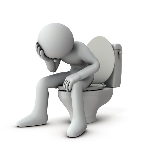 忍受不良身体状况的人物。在厕所。白色背景。3 d演示。图片下载