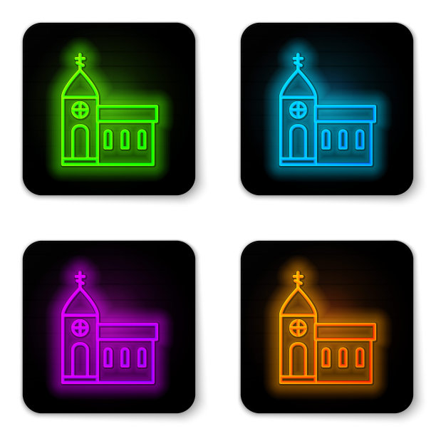 发光的霓虹灯线教堂建筑图标孤立在白色的背景。基督教教堂。宗教的教堂。黑色方形按钮。矢量图图片下载
