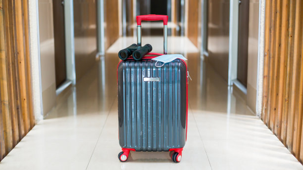 医疗口罩、钱包、美钞、望远镜、酒精喷雾和酒店行李上的旅行设备。图片下载