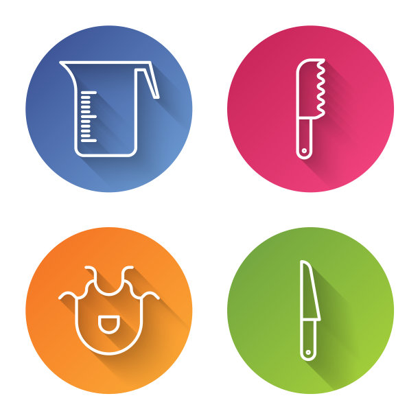 设线量杯、面包刀、厨房围裙图片下载