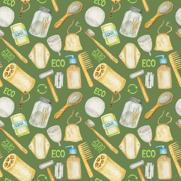 浴室配件零浪费无缝图案。天然剑麻刷，竹木梳，安全剃须刀，固体肥皂，洗发棒，玻璃容器内可重复使用的棉垫。环保卫生的概念图片下载