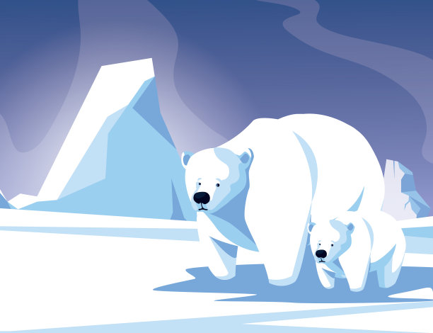 北极熊和幼崽在冬季景观图片下载