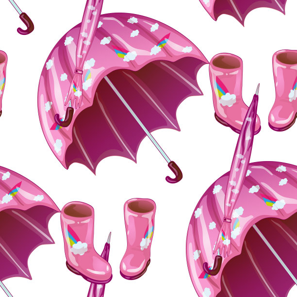 粉色橡胶靴子和伞在矢量风格孤立。图片下载