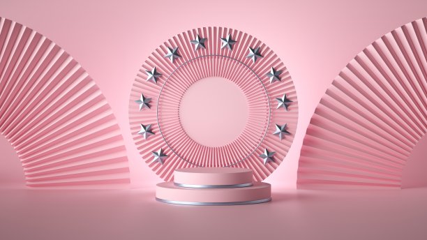 3 d渲染。抽象的空白板，圆框架，复制空间，圆柱台阶，空讲台，空基座，舞台。会徽模板。银色的星星，孤立在粉红色的背景上。图片下载