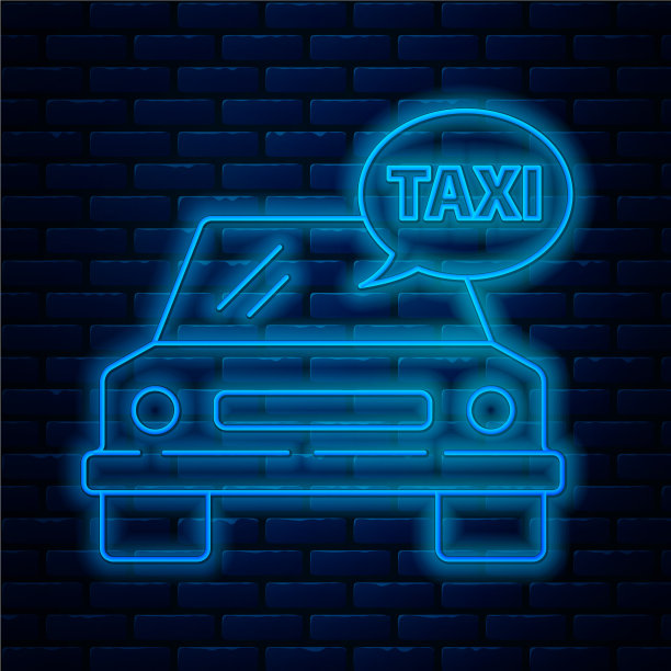 发光的霓虹灯线出租车的图标孤立在砖块上图片下载