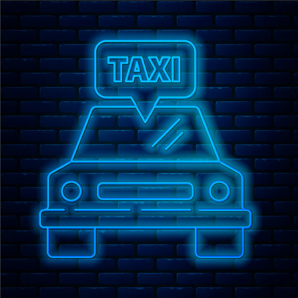 发光的霓虹灯线出租车的图标孤立在砖块上图片下载