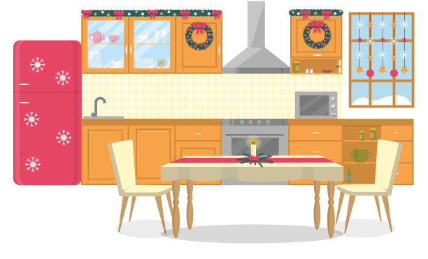 现代厨房内部和新年假日装饰图片下载