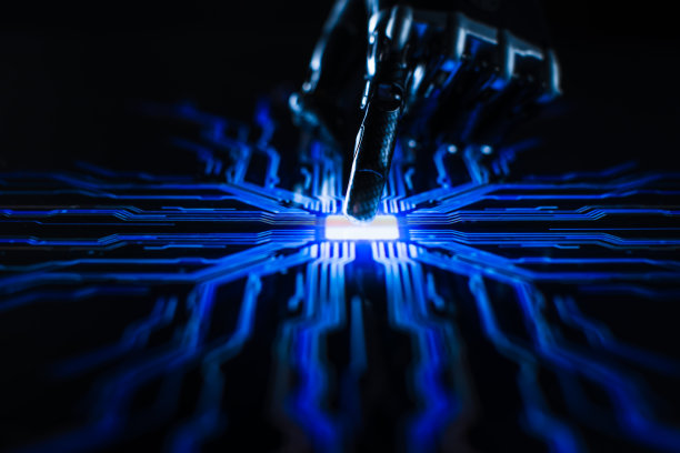 数字化概念:未来机器人手臂，手指触摸屏幕按钮，激活人工智能系统。机器学习、人工智能、计算机技术、医疗保健和科学的可视化图片下载