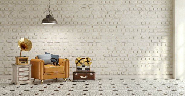 古典风格的内饰。棕色皮革扶手椅，带枕头和耳机，带行李箱的旧录音机，边桌上的旧铜制喇叭留声机，黑色顶灯，白色砖背景和瓷砖地板。三维渲染图片下载