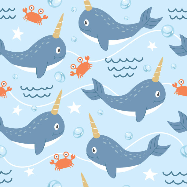 无缝图案可爱的独角鲸图片下载