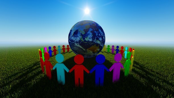 五彩缤纷的人们围着地球站成一圈图片下载
