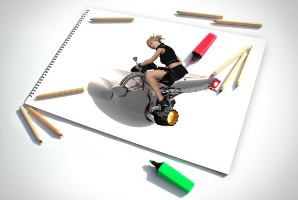 飞行未来的摩托车设计和英雄飞行员女孩图片下载