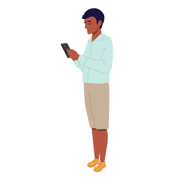 那个人把手机孤立在白色背景上，风格单调。一个男人看了看电话。矢量插图。图片下载