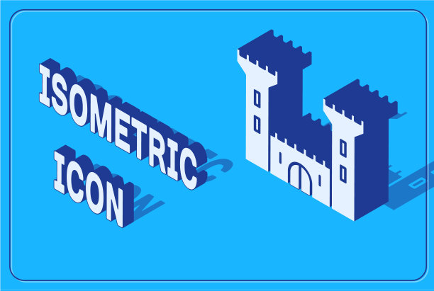 等距城堡图标孤立在蓝色背景图片下载