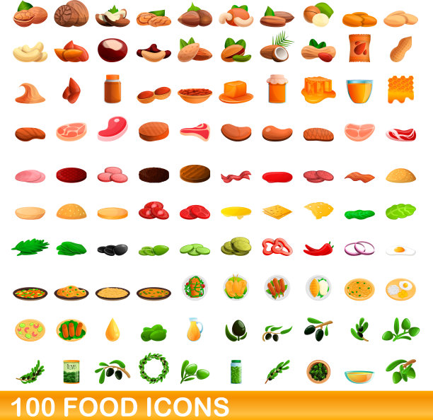 100个食物图标设置卡通风格图片下载