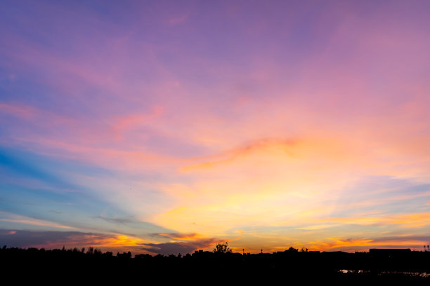日落后的天空照片，彩色和阴影草原在社区跨越地平线。图片下载