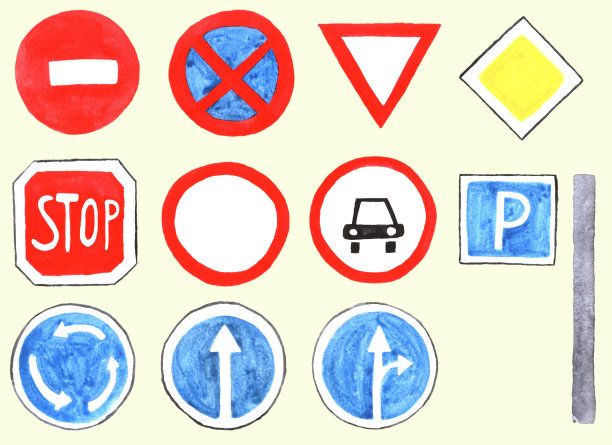 套元素，交通标志和手绘水彩交通灯，交通规则图片下载