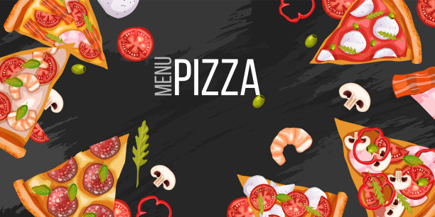 披萨菜单背景与现实的切片，西红柿，意大利腊肠，虾。图片下载