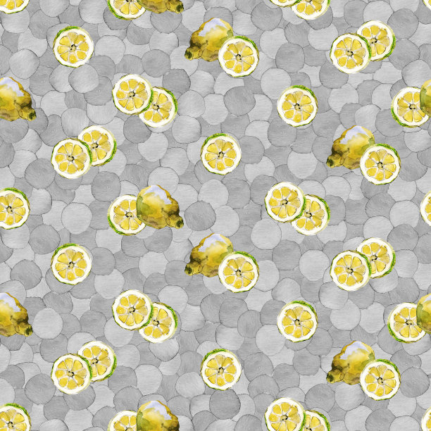 无缝模式柠檬一半和片上灰色水彩笔触背景。手绘元素。图片下载