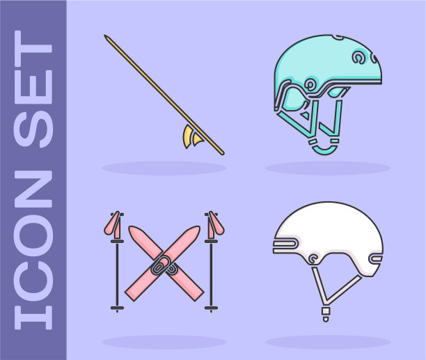 设置头盔、冲浪板、滑雪板、棍棒和头盔图片下载