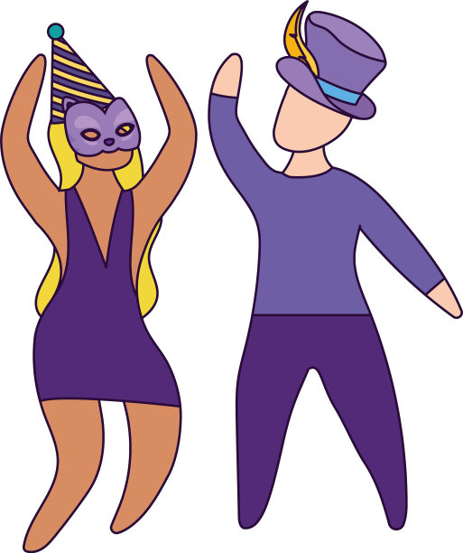 戴着狂欢节面具和帽子的男女图片下载