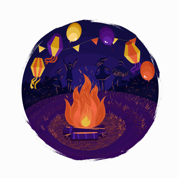 人们的剪影在夜晚靠近火堆跳舞玩乐。节日的灯笼和旗帜。图片下载