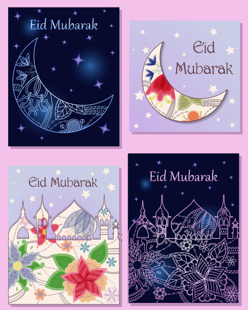 开斋节穆巴拉克的卡片设置城镇剪影和新月图片下载