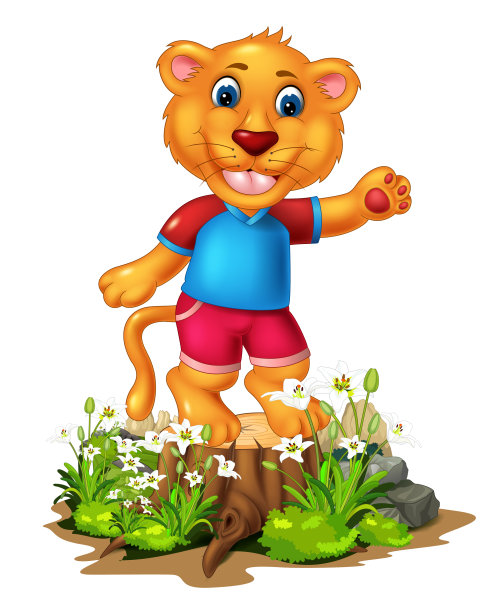 滑稽的狮子与岩石和白花卡通图片下载