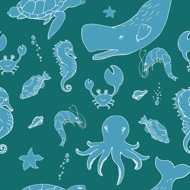 海洋动物图案:抹香鲸，海龟，章鱼，螃蟹，海马，珊瑚鱼，虾，海星在蓝色背景涂鸦风格。海洋动物剪影。矢量插图轮廓。图片下载
