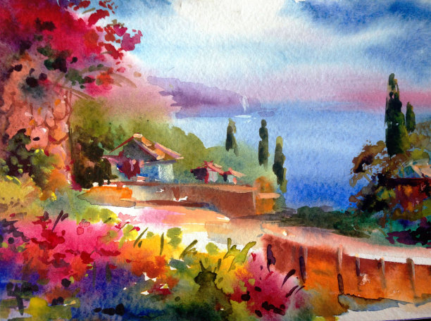 水彩色彩鲜艳，纹理鲜明，抽象背景手工制作。地中海风景。描绘海岸的建筑和植被图片下载