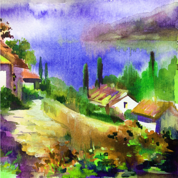 水彩色彩鲜艳，纹理鲜明，抽象背景手工制作。地中海风景。描绘海岸的建筑和植被图片下载