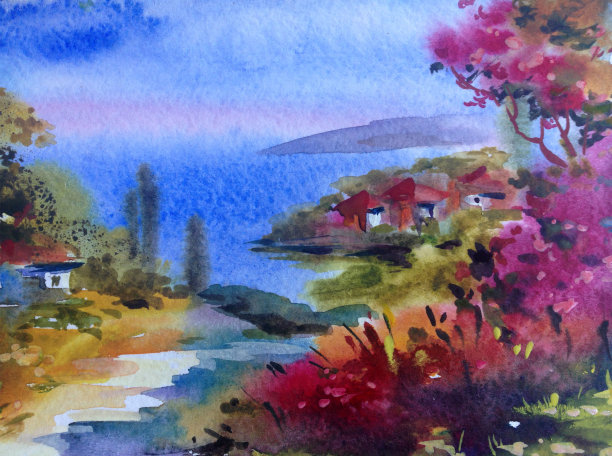 水彩色彩鲜艳，纹理鲜明，抽象背景手工制作。地中海风景。描绘海岸的建筑和植被图片下载