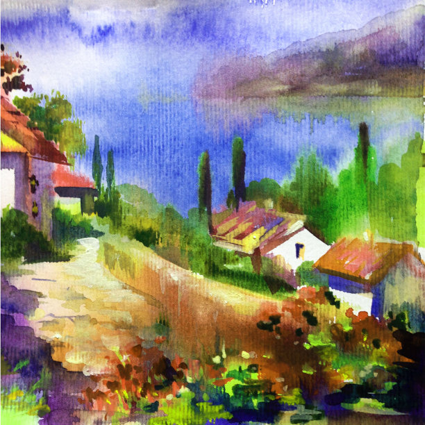 水彩色彩鲜艳，纹理鲜明，抽象背景手工制作。地中海风景。描绘海岸的建筑和植被图片下载