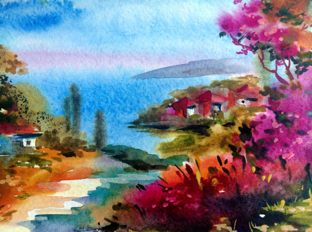 水彩色彩鲜艳，纹理鲜明，抽象背景手工制作。地中海风景。描绘海岸的建筑和植被图片下载