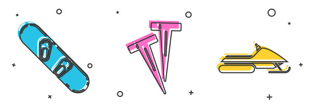 设置帐篷和雪地摩托图标滑雪板钉图片下载