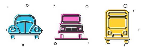 设置汽车大众甲壳虫汽车和巴士图标图片下载