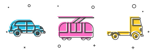 设置有轨电车和铁路两厢车和送货图片下载