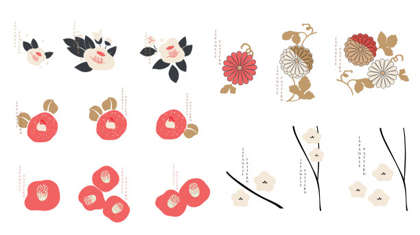 亚洲风格的花卉图标。卡米拉和牡丹花标志与日本矢量图案。自然元素的集合。图片下载