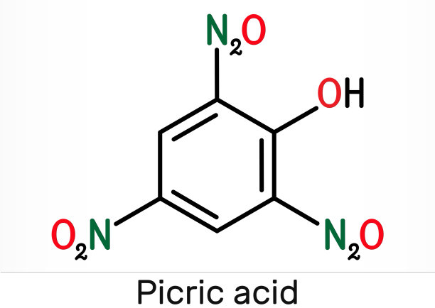 苦味酸(2,4,6-三硝基酚，TNP, C6H3N3O7)分子。它具有爆炸性和抗菌药的作用。骨骼的化学公式图片下载