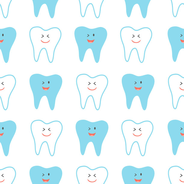 可爱的牙齿与笑脸无缝图案上的蓝色背景。图片下载