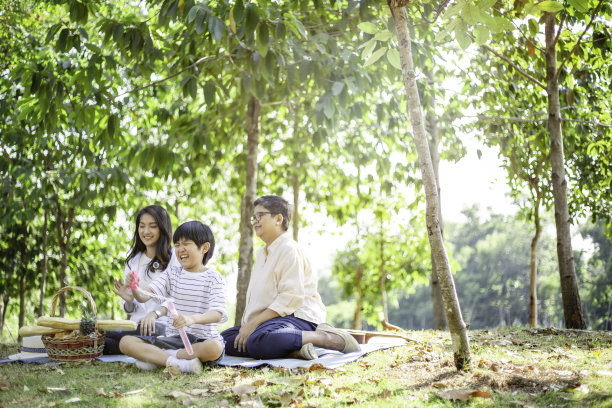 快乐的亚洲家庭野餐在公园在夏天炎热的好天气。奶奶看着孩子和妈妈一起吹泡泡。放松的活动，健康的生活保险。在冠状病毒疫情结束后图片下载